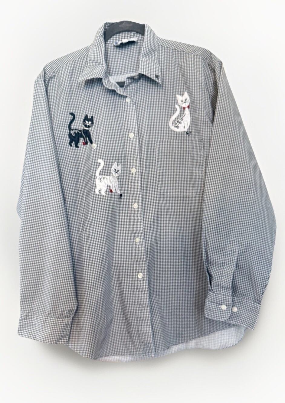 Las Olas Button Up Black white Checkered Cat Lady blouse Kitty Size L Vintage